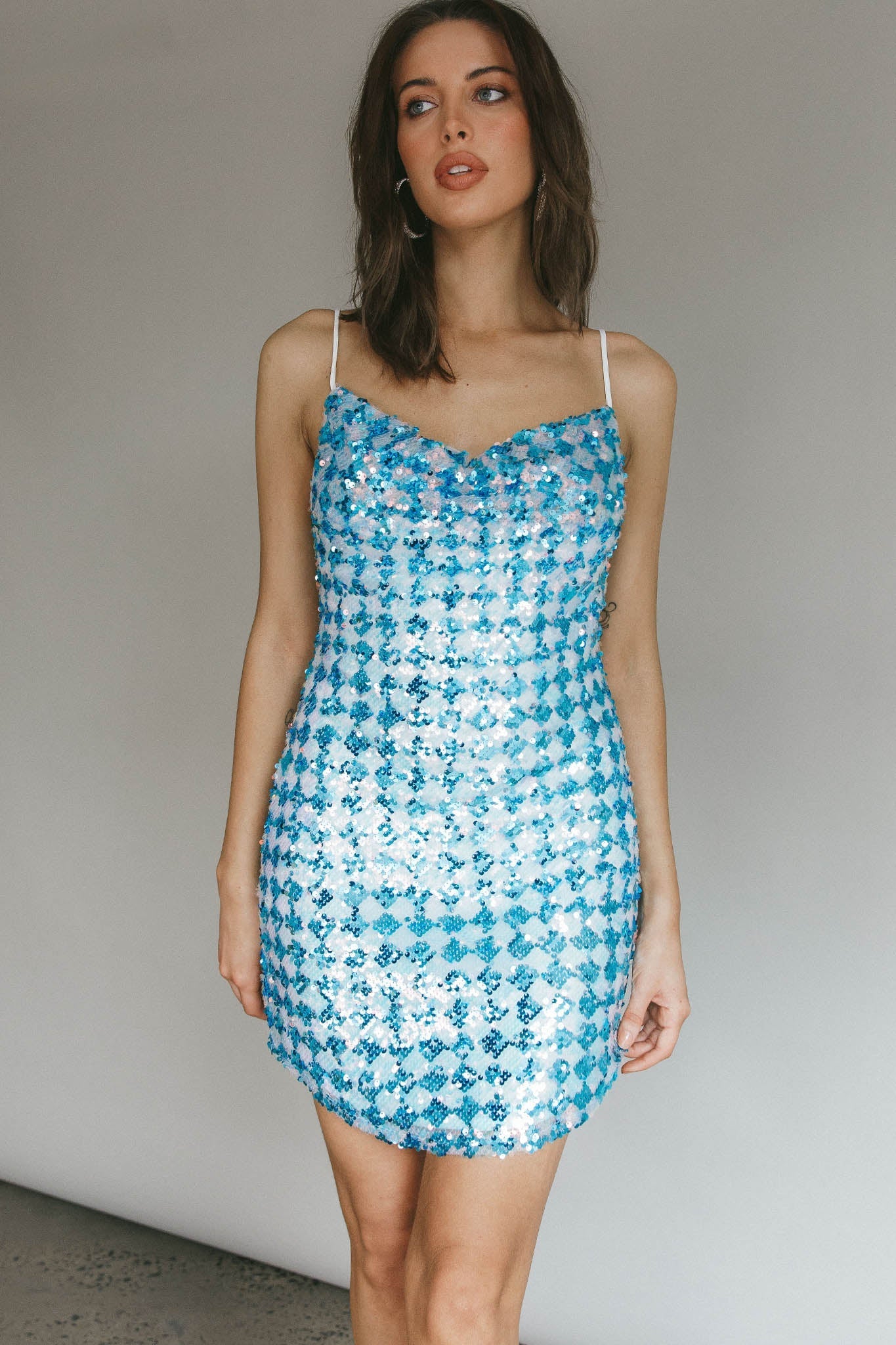 Show Me Love Cowl Neck Mini Dress Sequin Check Blue