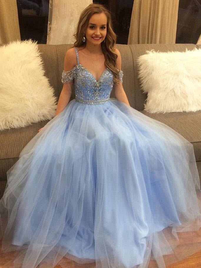 A-line Spaghetti Strap Floor-Length Tulle Prom Dresses With Rhine Stones HX0067