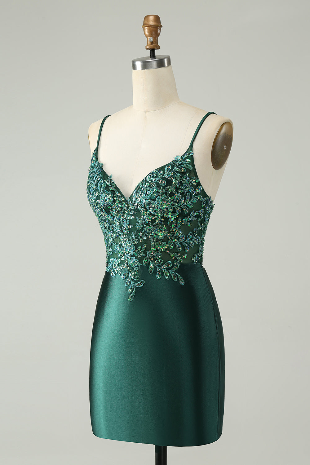 Glitter Dark Green Spaghetti Straps Tight Short Homecoming Dress with Sequins