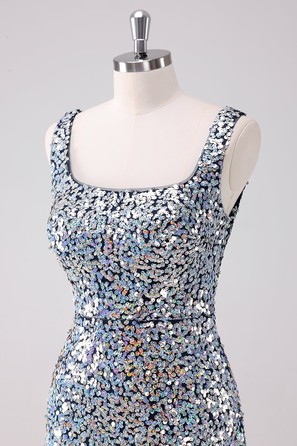 Sparkly Silver Square Neck Tight Homecoming Dress with Slit