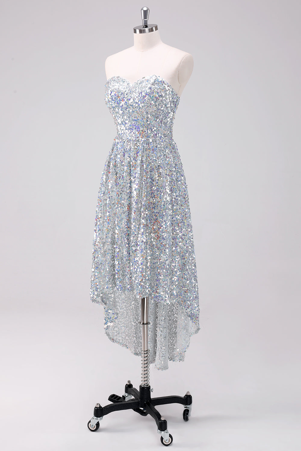 Sparkly Silver Sweetheart Asymmetric Short Homecoming Dress with Sequins