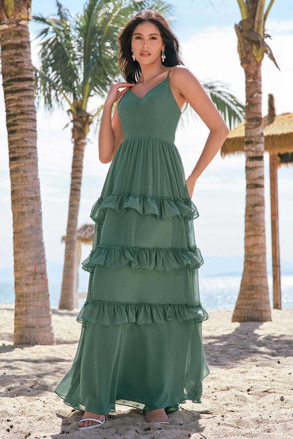 Tiered Eucalyptus A-Line Chiffon Long Bridesmaid Dress