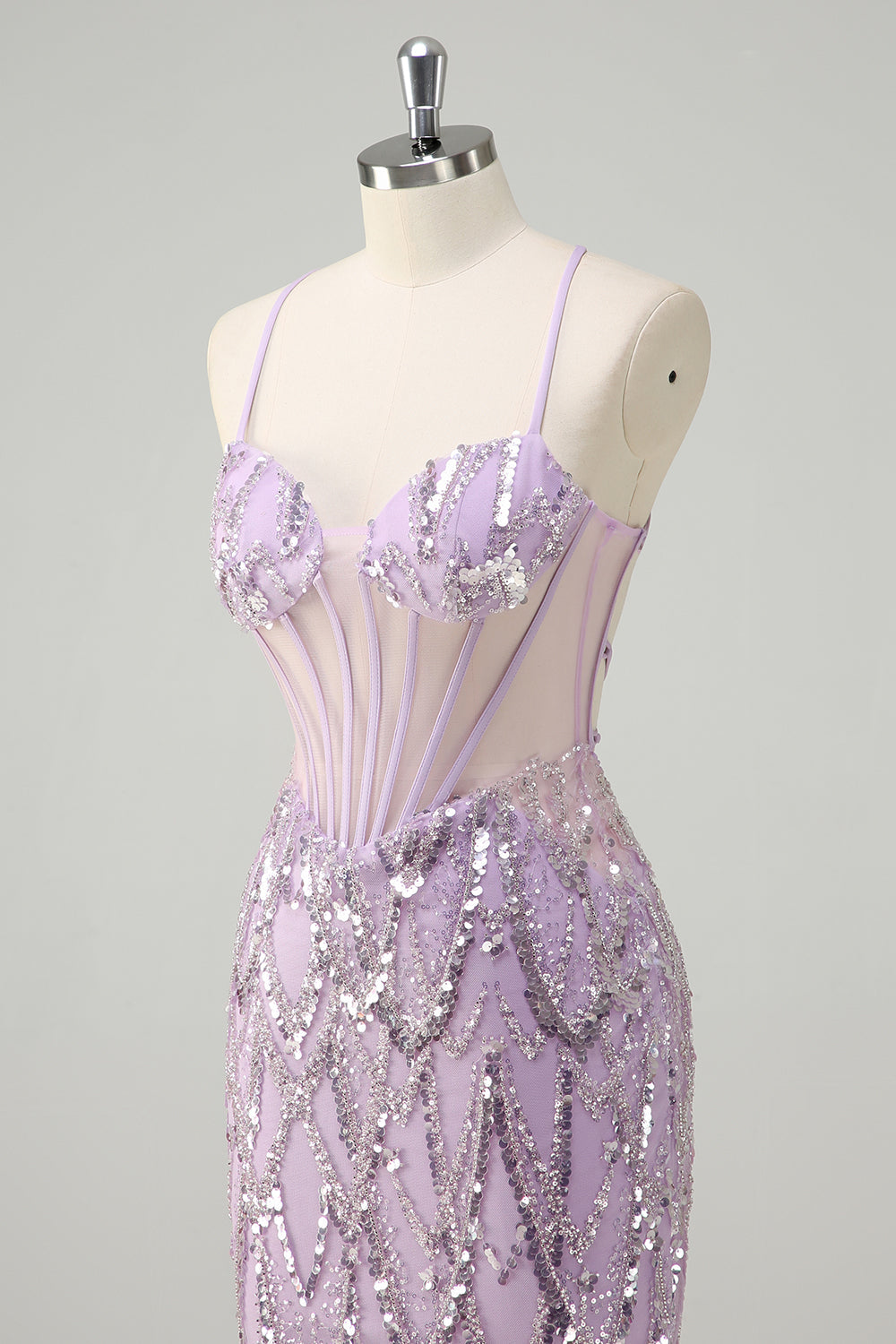 Lilac Sequined Mermaid Spaghetti Straps Long Prom Dress
