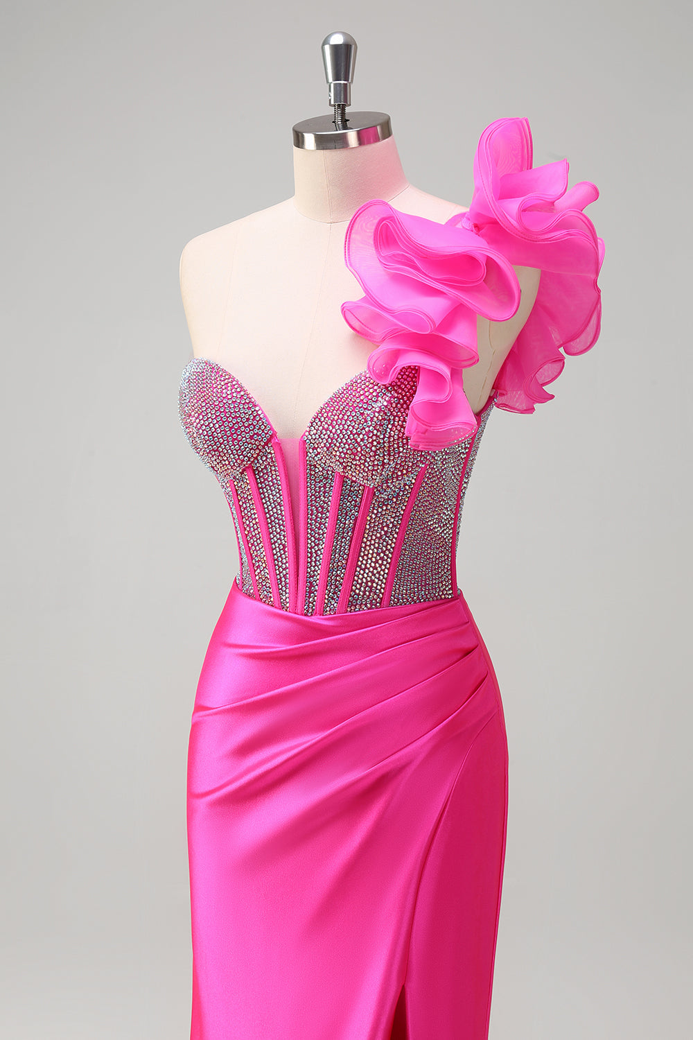 Fuchsia Mermaid Beaded One Shoulder Long Prom Dress with Slit