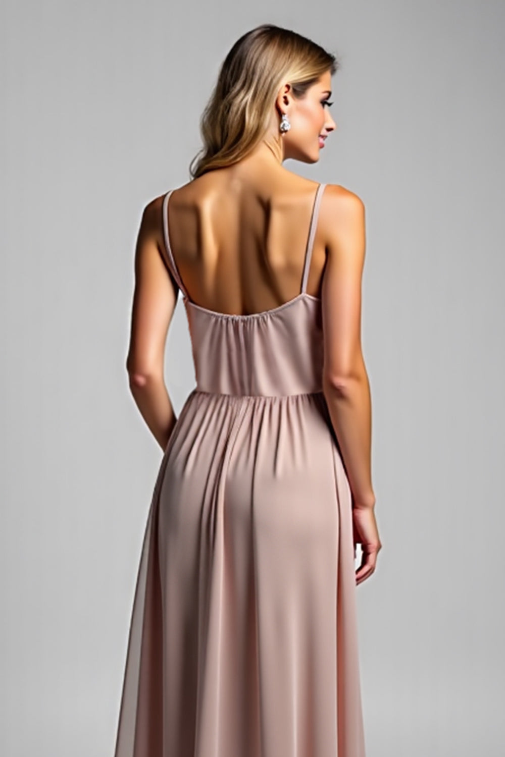 Dusty Rose Chiffon V-Neck Long Bridesmaid Dress with Slit