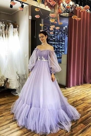Amazing Off-the-shoulder Long Sleeves Beaded Appliqued Slit Tulle Prom Dresses