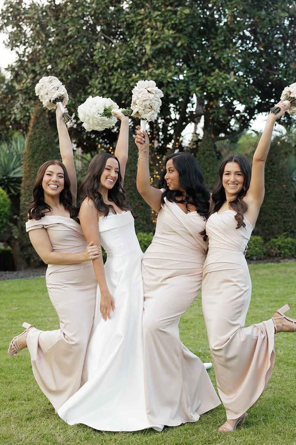 Mermaid Off the Shoulder Champagne Elastic Satin Long Bridesmaid Dresses