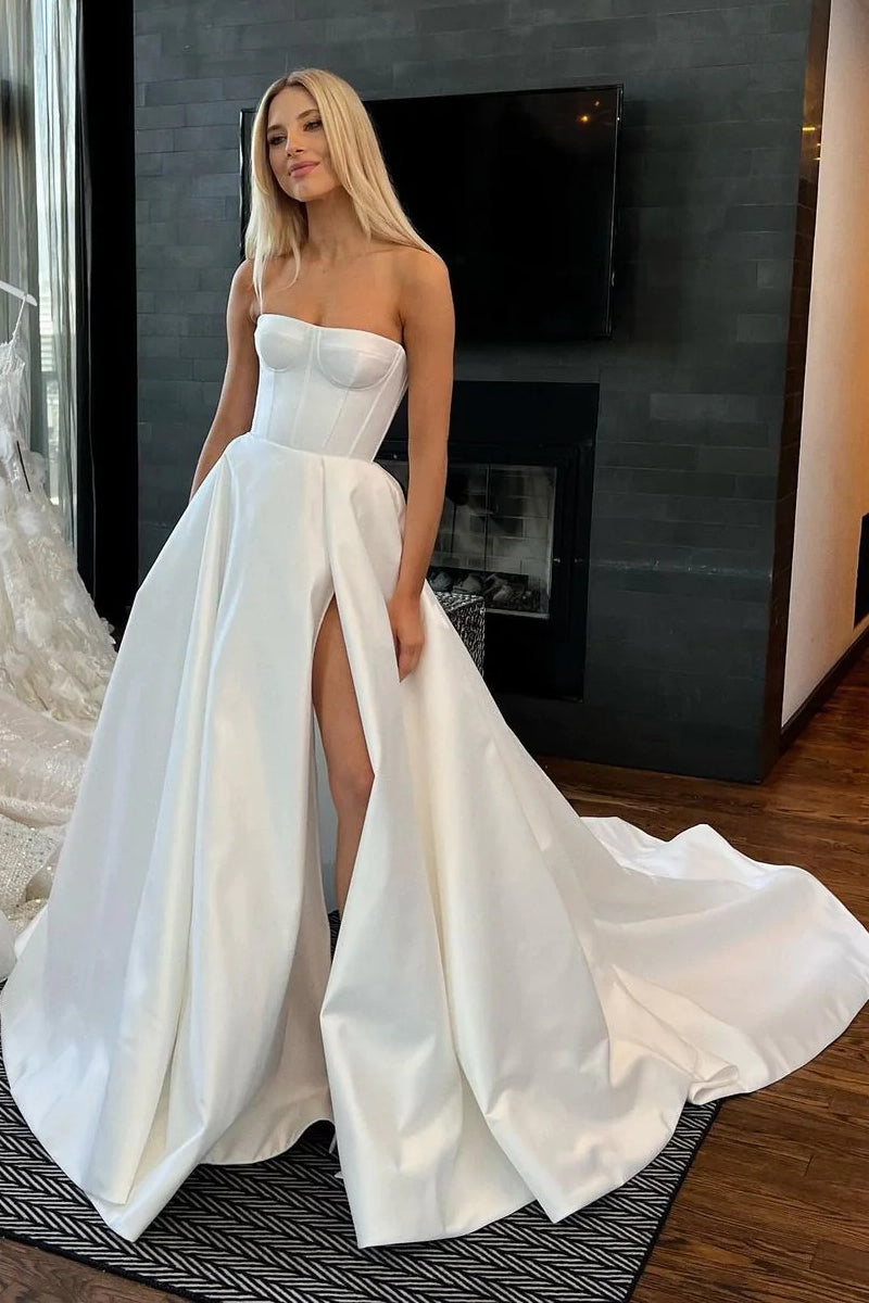 Ball Gown Strapless Satin Wedding Dresses with Slit