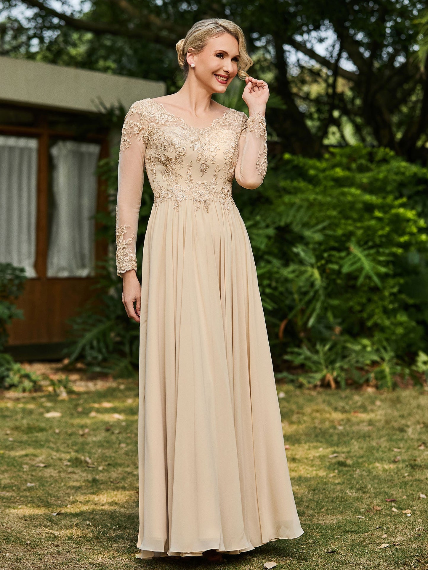 A-line V-neck Lace Appliqued Floor-length Dress Champagne