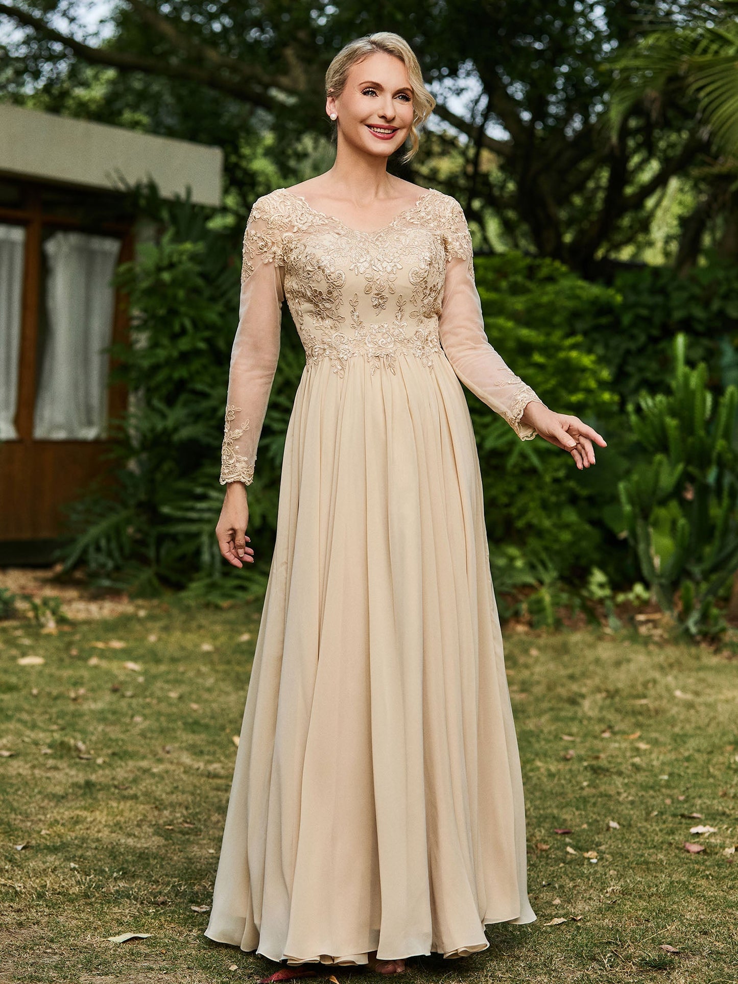 A-line V-neck Lace Appliqued Floor-length Dress Champagne