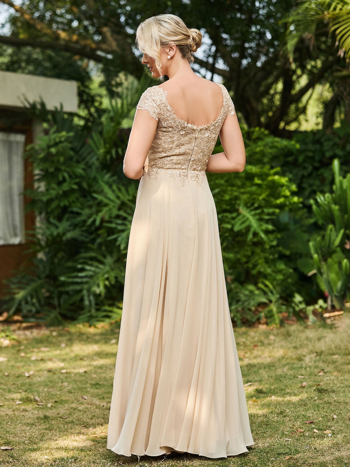 Scoop Neckline Appliqued A-line Chiffon Dress Champagne