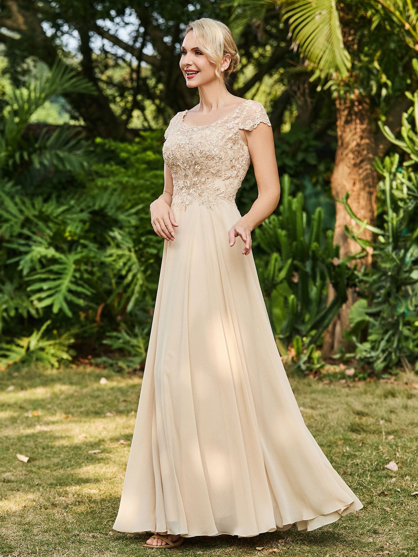 Scoop Neckline Appliqued A-line Chiffon Dress Champagne