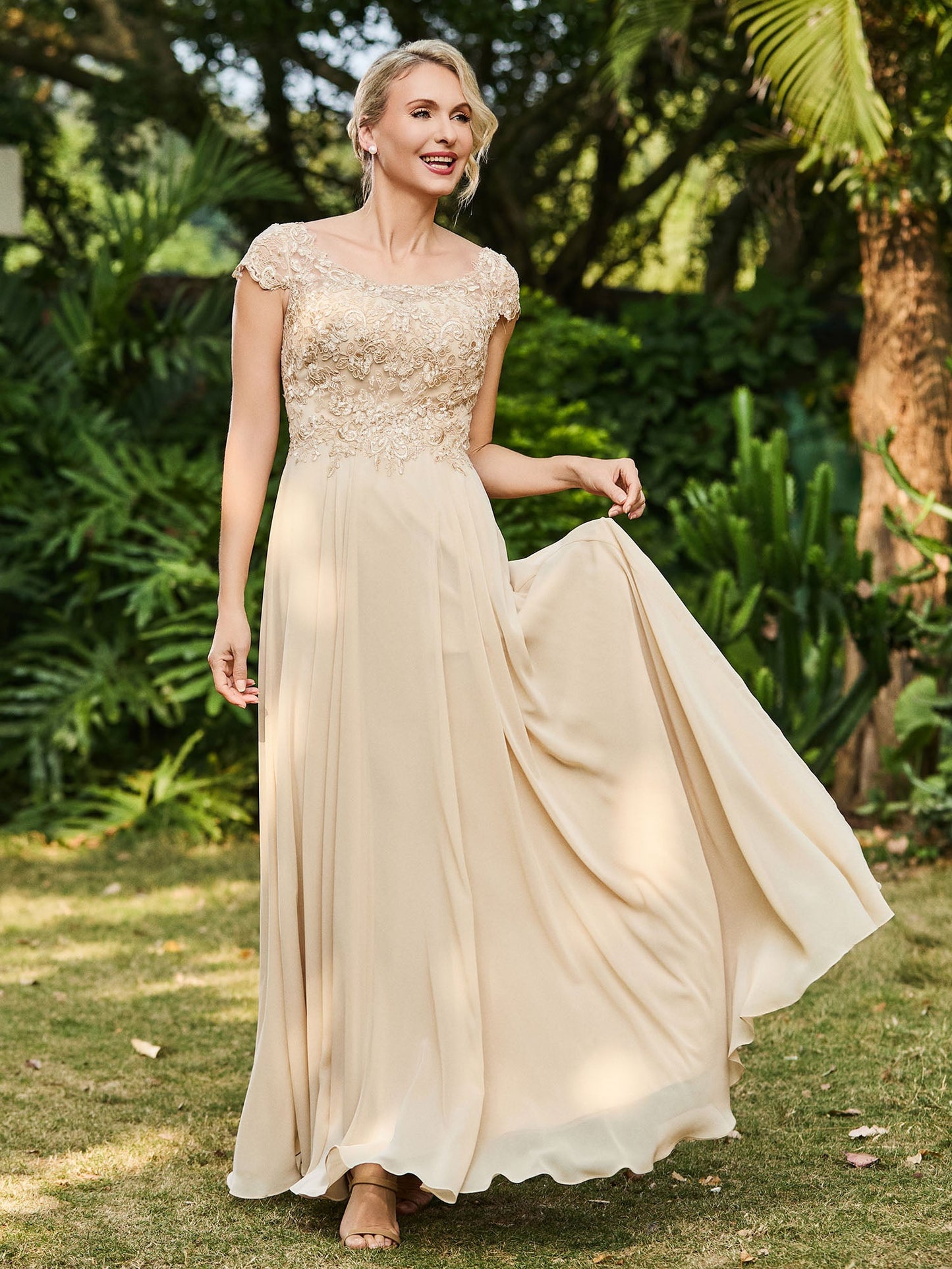 Scoop Neckline Appliqued A-line Chiffon Dress Champagne