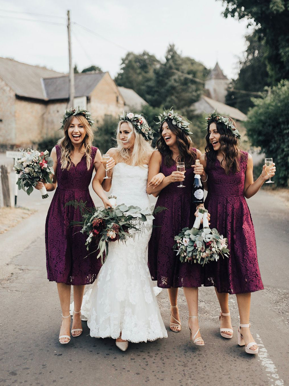 Elegant Lace V-Neckline Tea-length A-line Bridesmaid Dress