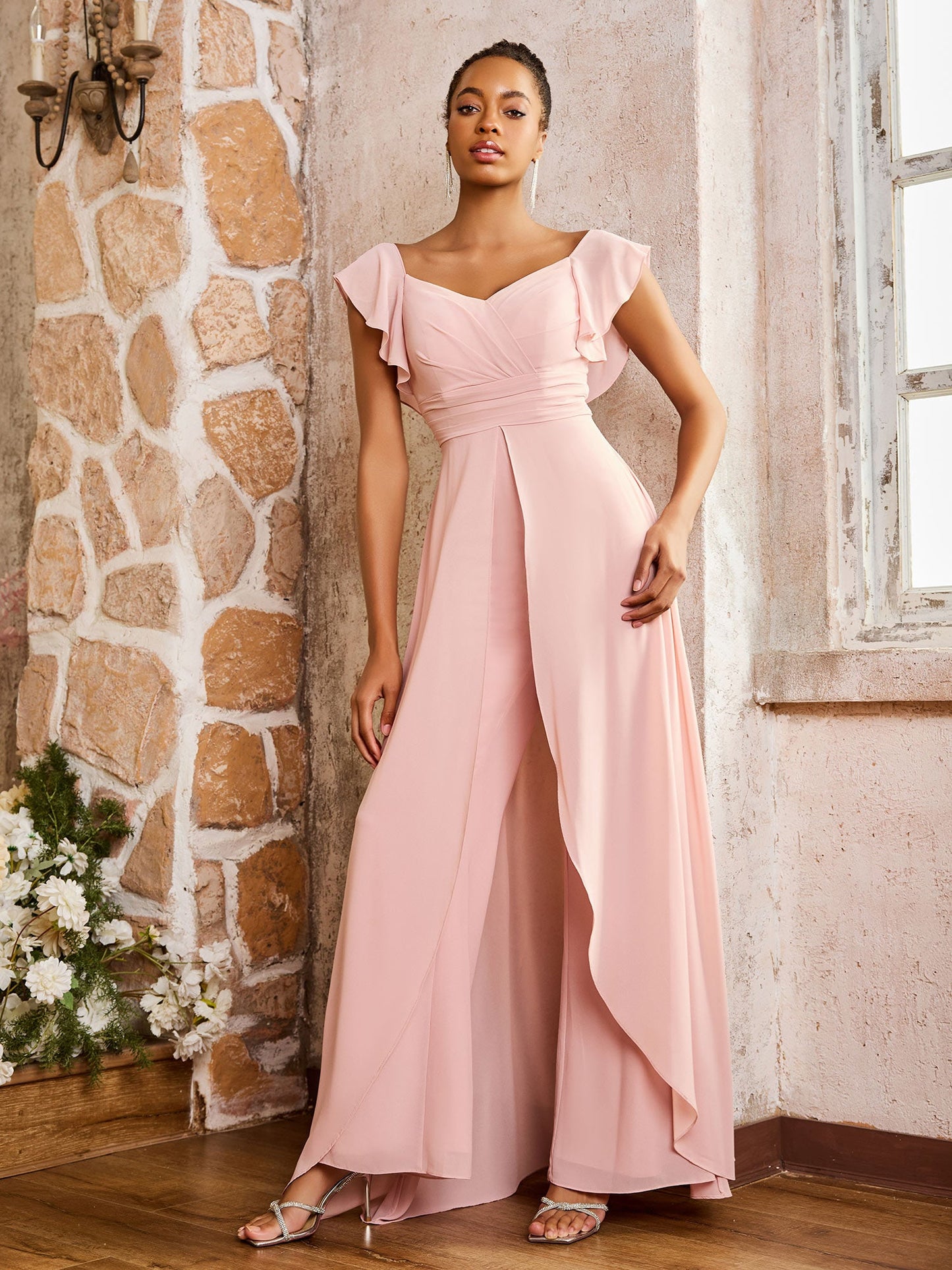 Flutter Sleeves Ruched Backless Chiffon Dresses Dusty Rose