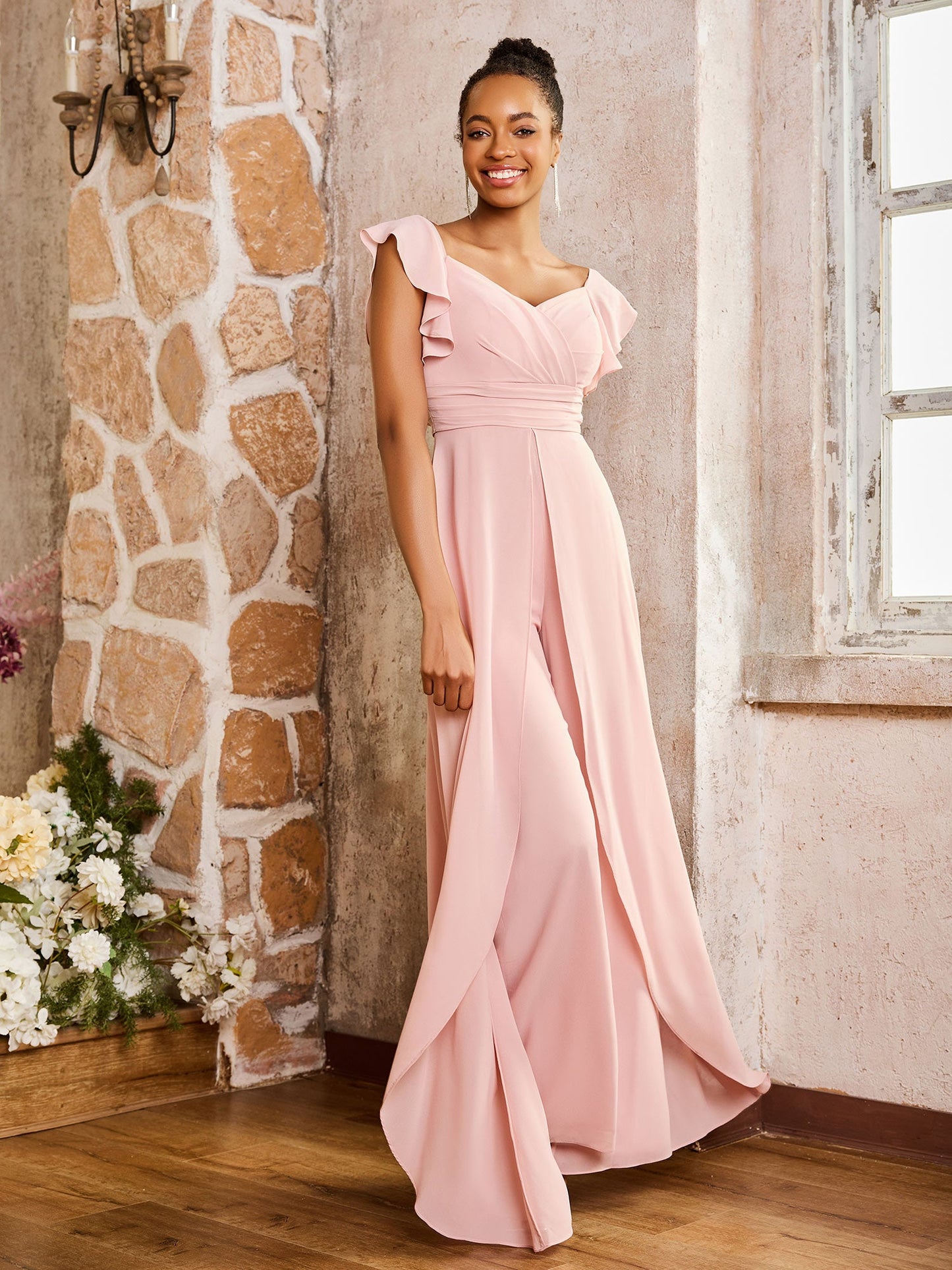Flutter Sleeves Ruched Backless Chiffon Dresses Dusty Rose