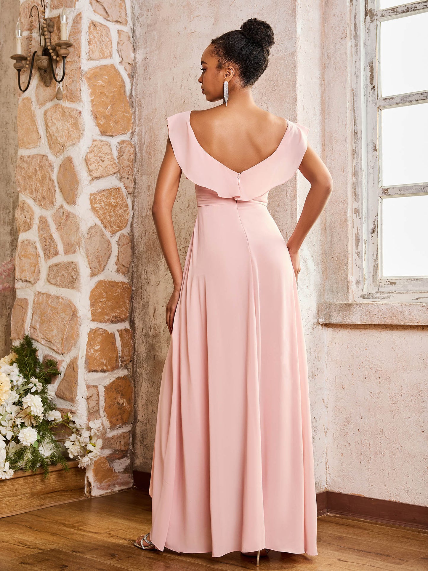 Flutter Sleeves Ruched Backless Chiffon Dresses Dusty Rose