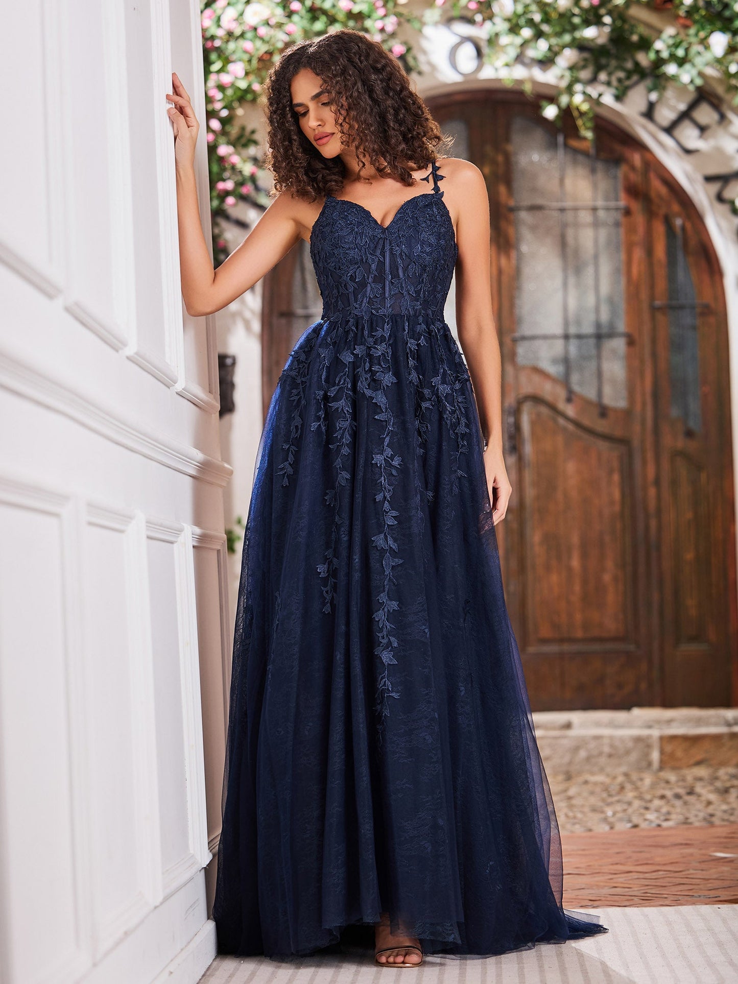 Sweep Train Tulle Dress With Slit Dark Navy