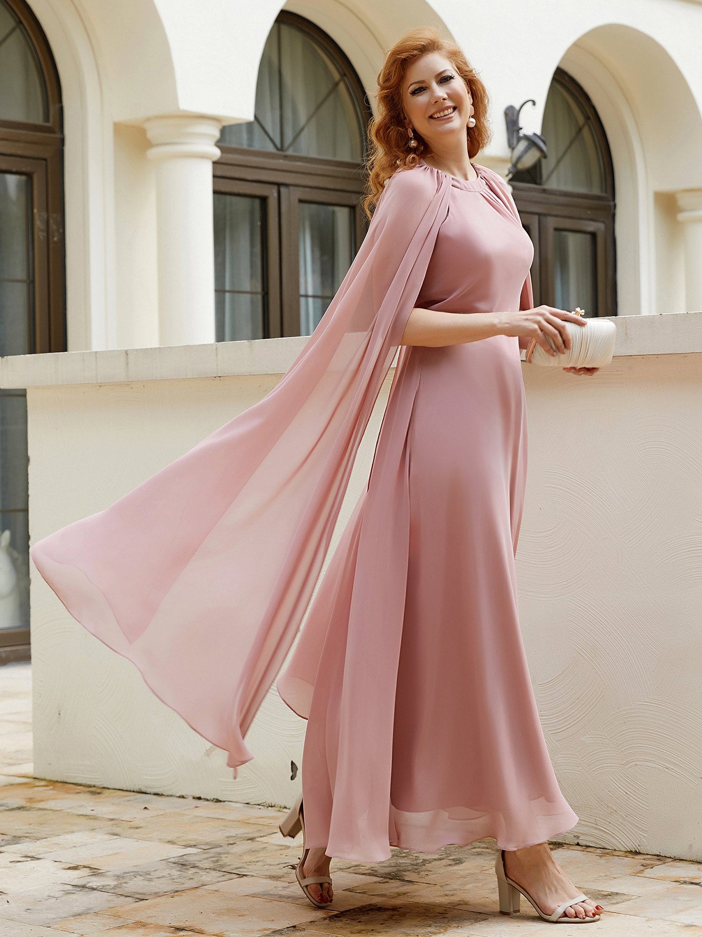 A-line Jewel-Neck Chiffon Dress With Long Cape-Dusty Rose