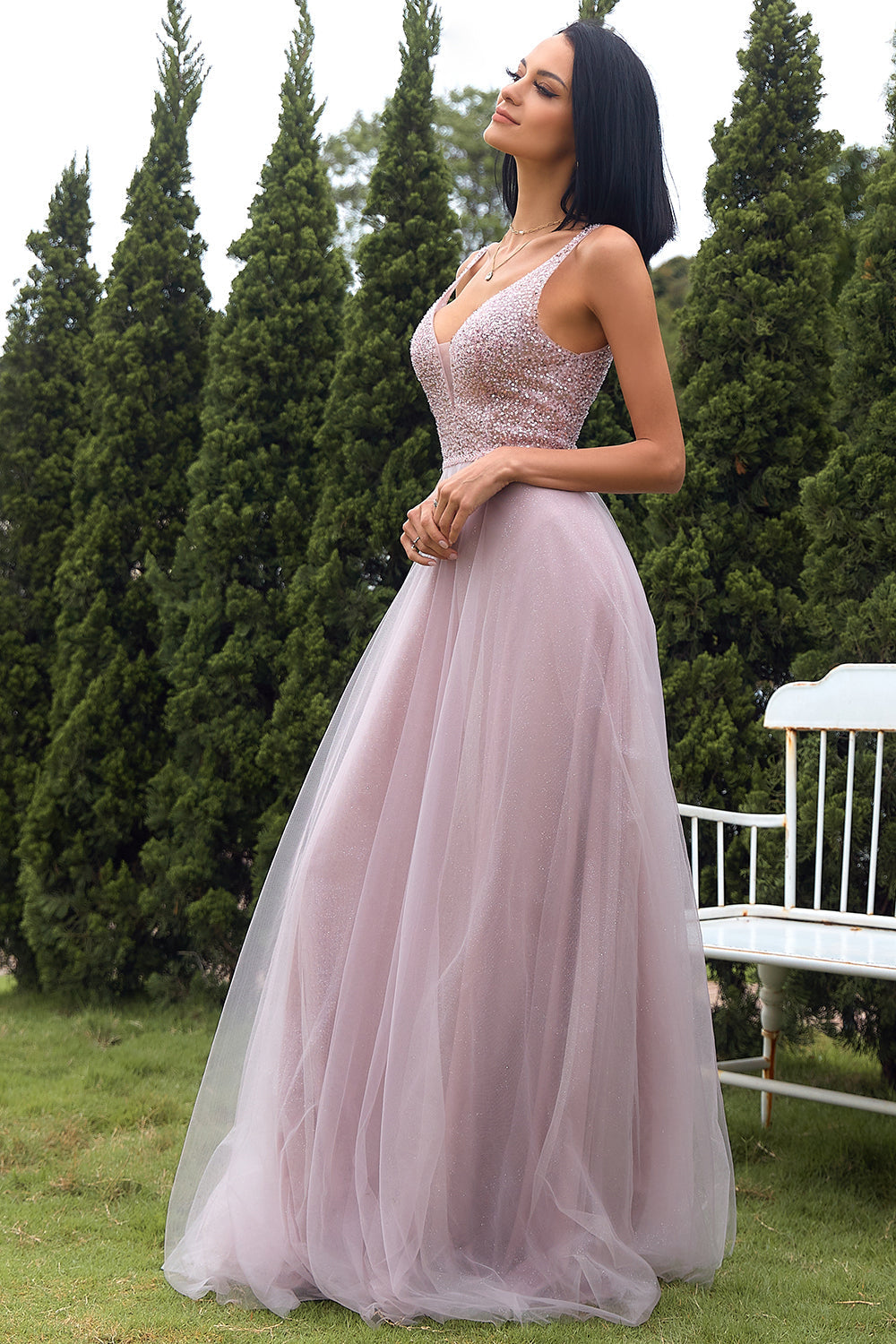Blush Tulle Sequins Prom Dress