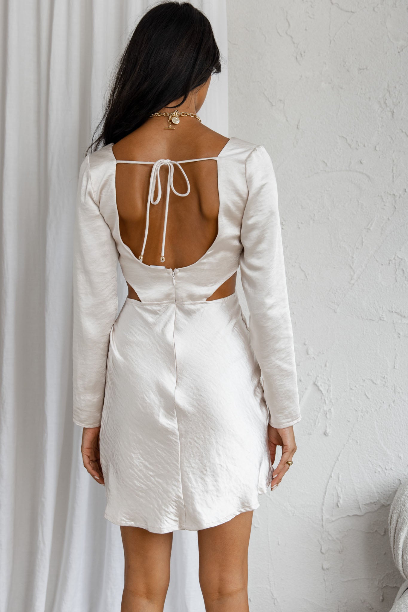 Shaken Not Stirred Cut-Out Waist Long Sleeve Pleat Mini Dress Champagne