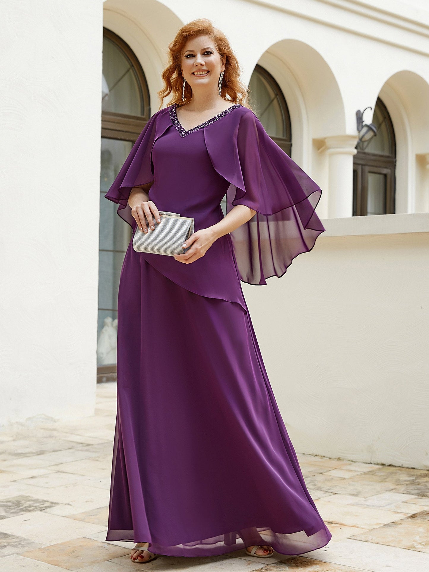 Dress Adorned with Beaded Elegance and Flutter Sleeves-Grape