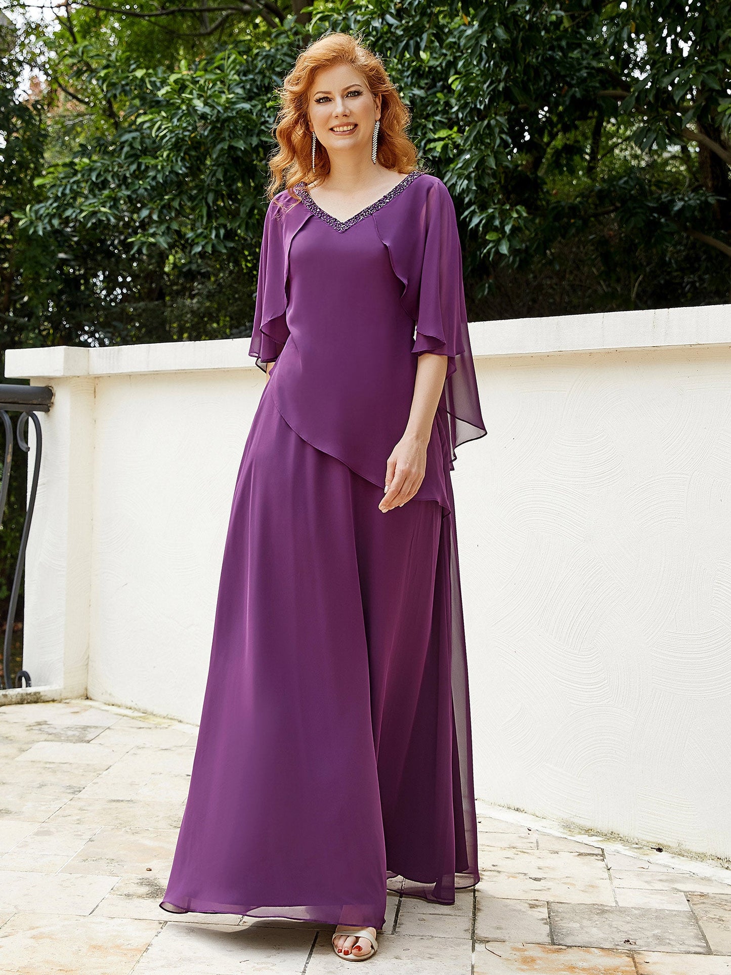 Dress Adorned with Beaded Elegance and Flutter Sleeves-Grape