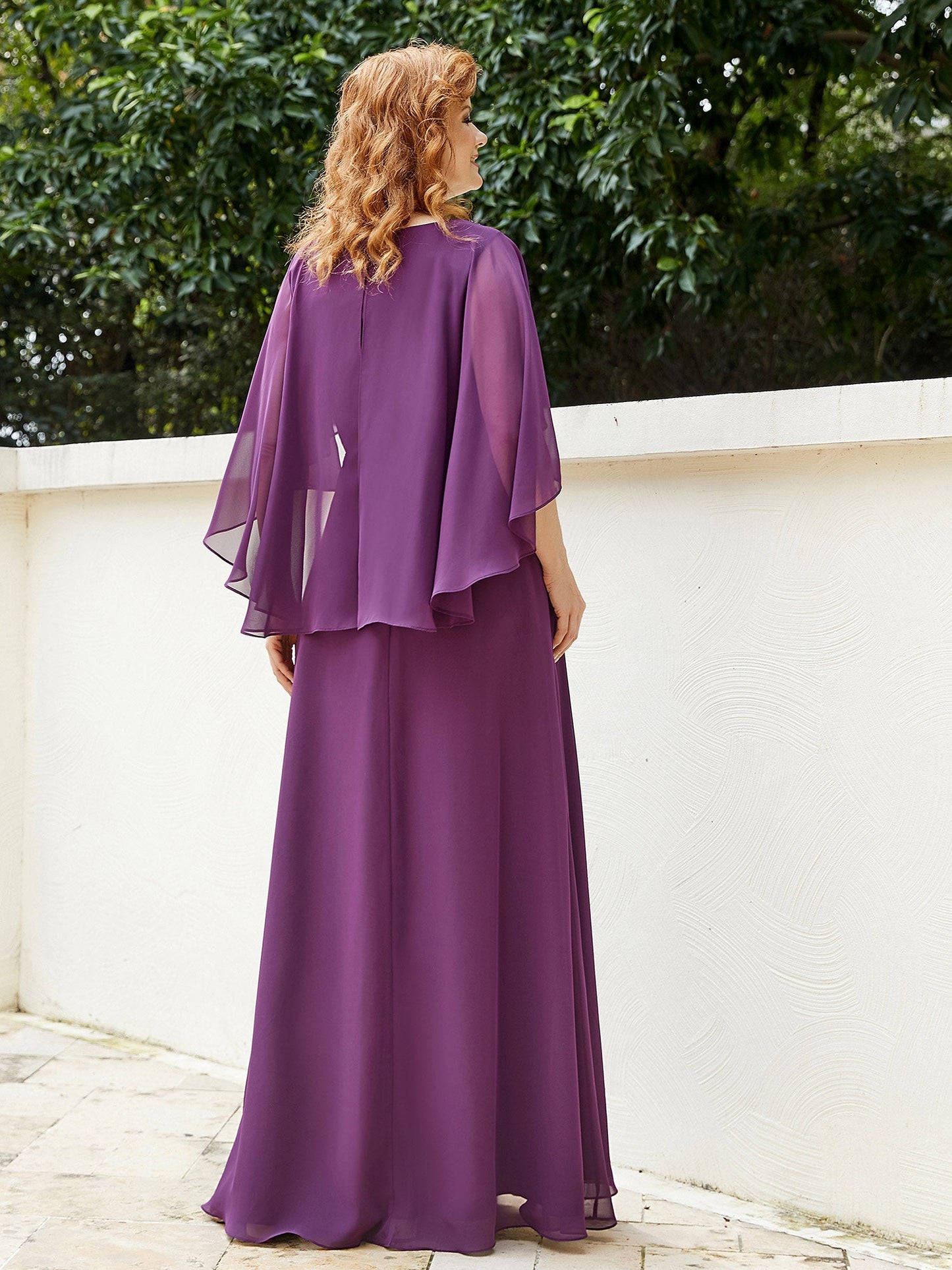 Dress Adorned with Beaded Elegance and Flutter Sleeves-Grape