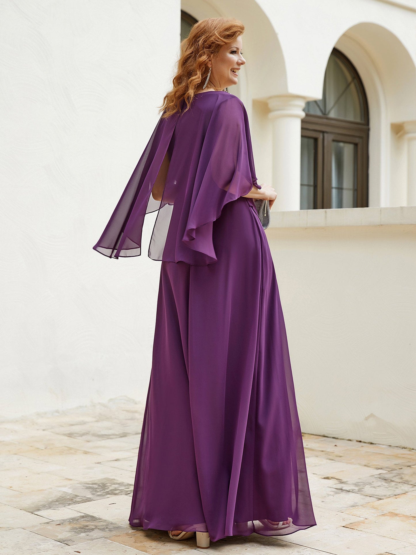 Dress Adorned with Beaded Elegance and Flutter Sleeves-Grape