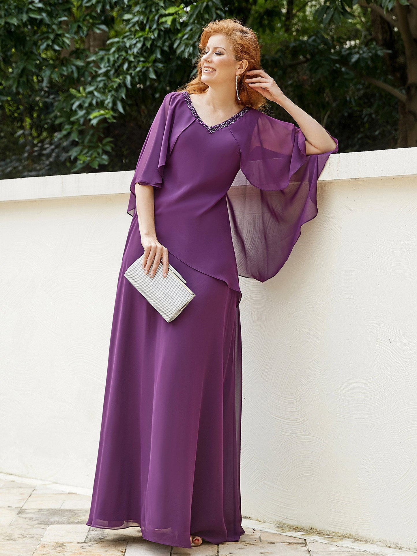 Dress Adorned with Beaded Elegance and Flutter Sleeves-Grape