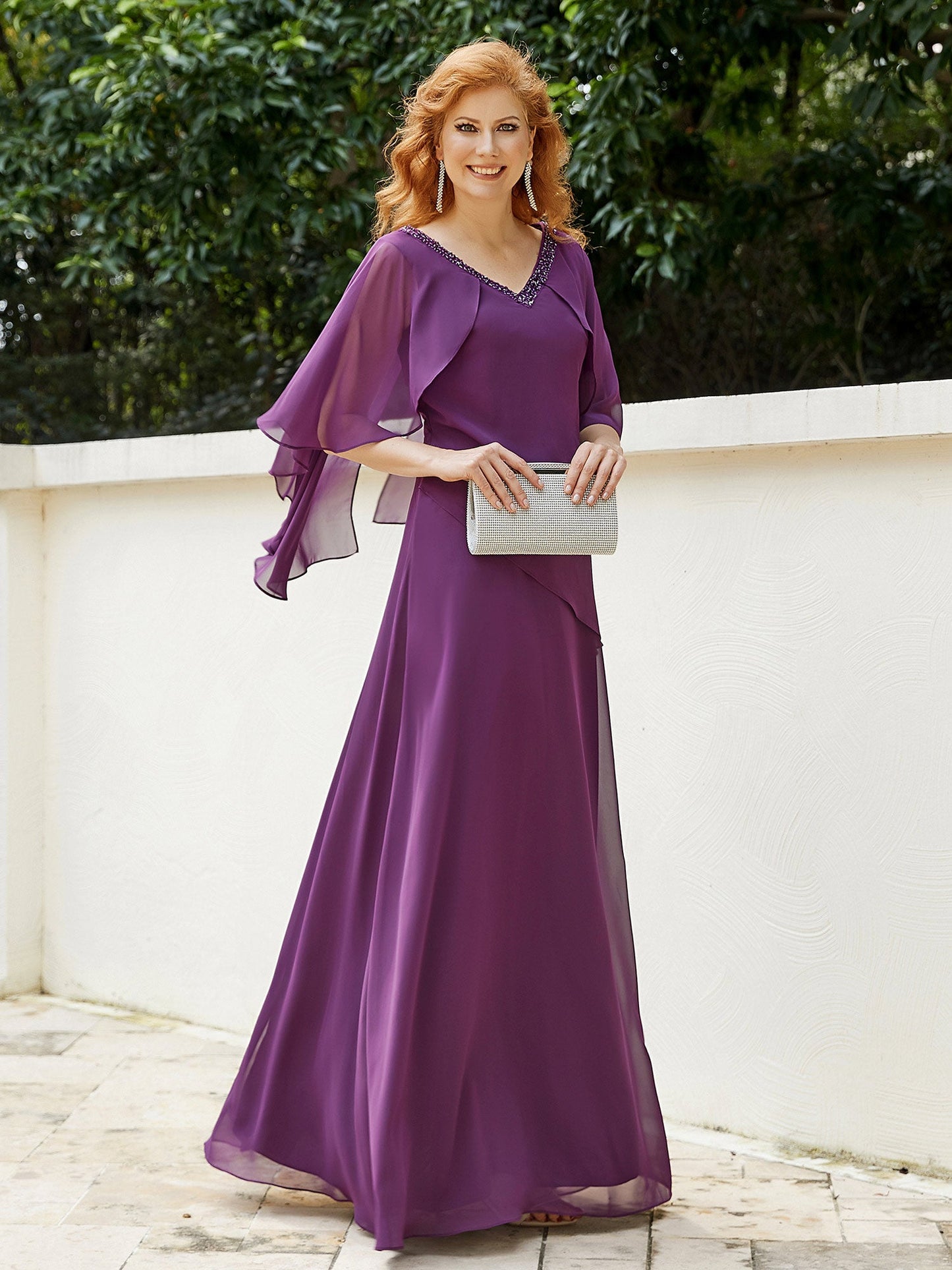 Dress Adorned with Beaded Elegance and Flutter Sleeves-Grape