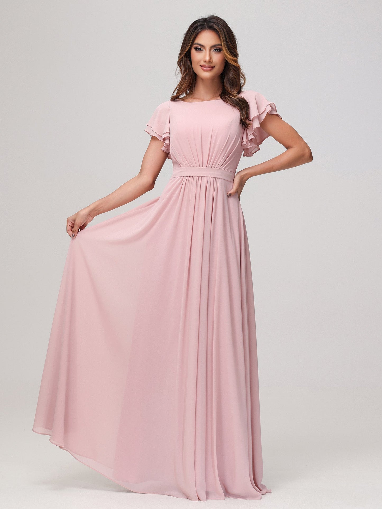 Bateau Neckline Flutter Sleeves Floor-length Dress Dusty Rose