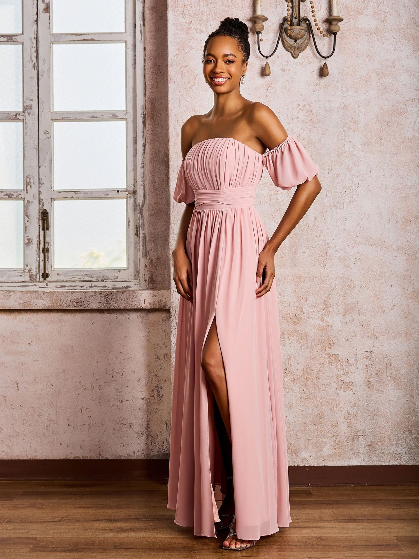 Flutter Sleeves Square Chiffon Dresses With Slit Dusty Rose