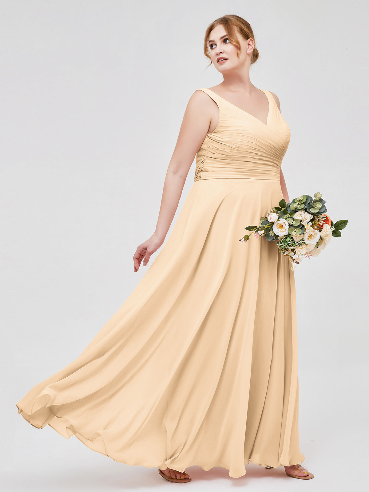 V Neck Long Chiffon Dress with Bow Peach