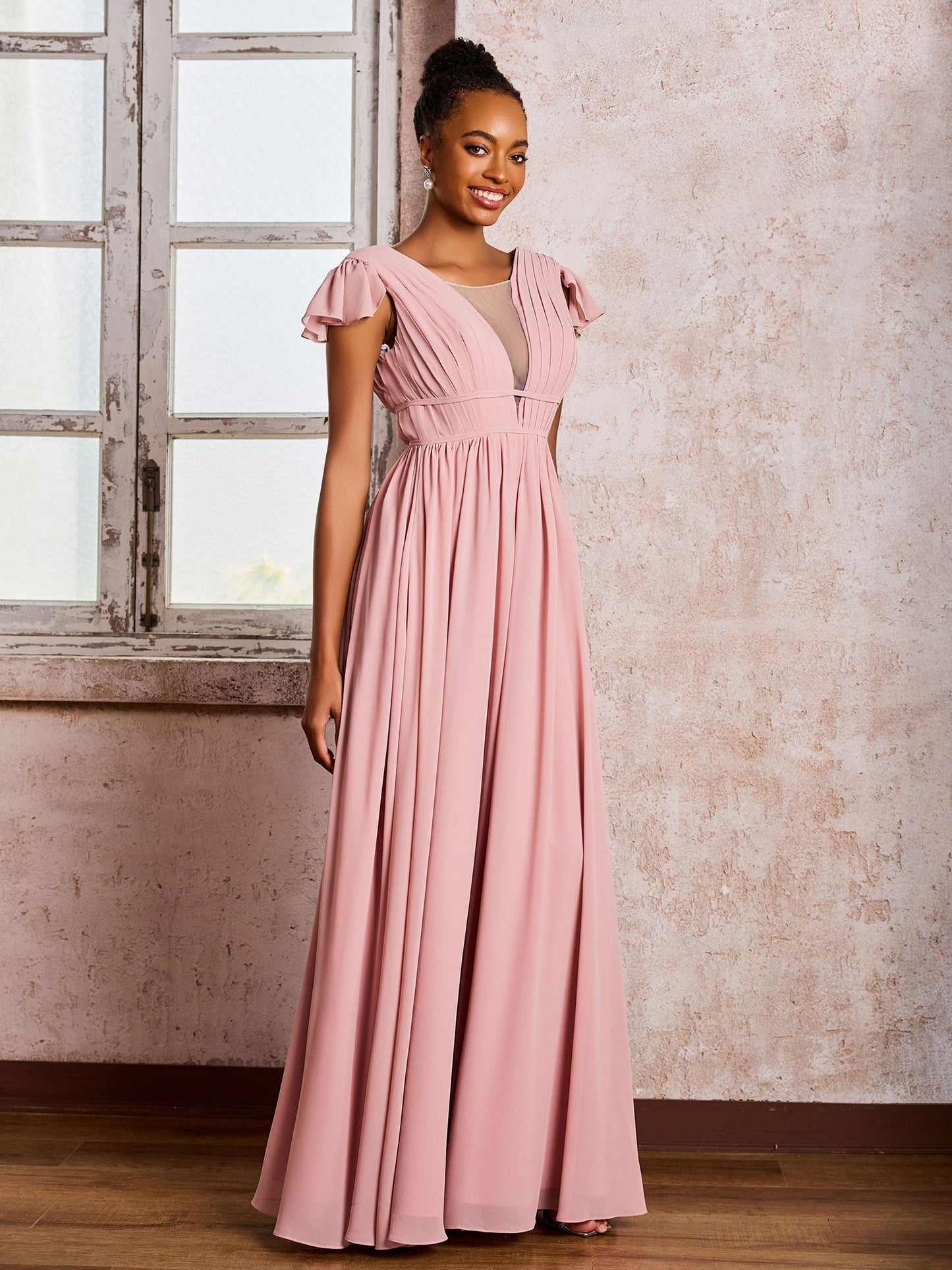Flutter Sleeves Plunging V-neck Pleated A-line Dresses with Belt Dusty Rose
