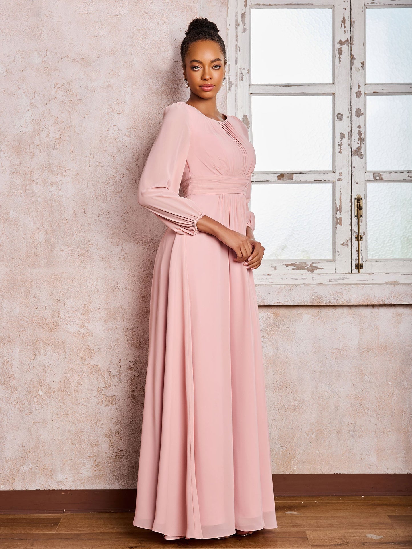 Bateau Neck Long Sleeves Ruched A-line Chiffon Dresses Dusty Rose