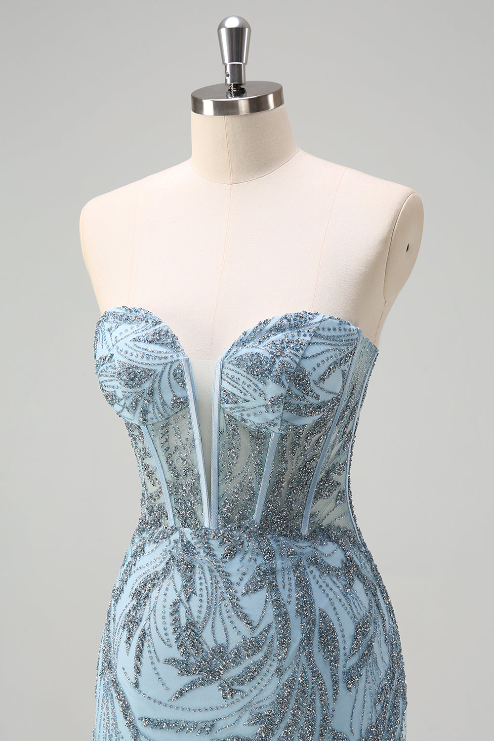 Sparkly Light Blue Mermaid Strapless Corset Long Beaded Prom Dress With Slit