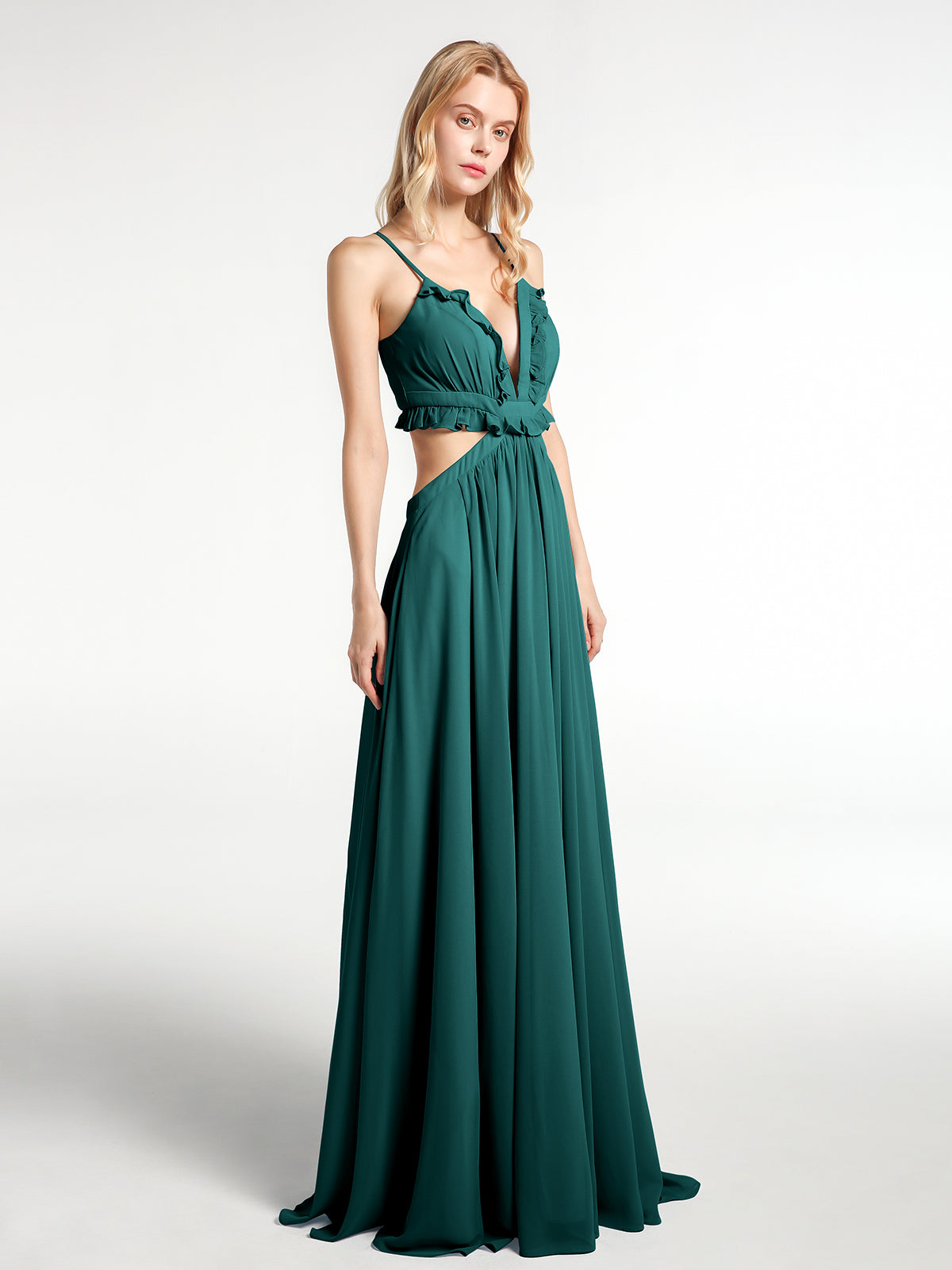 Spaghetti Strap Ruffled Chiffon Cutout Maxi Sexy Dress Peacock