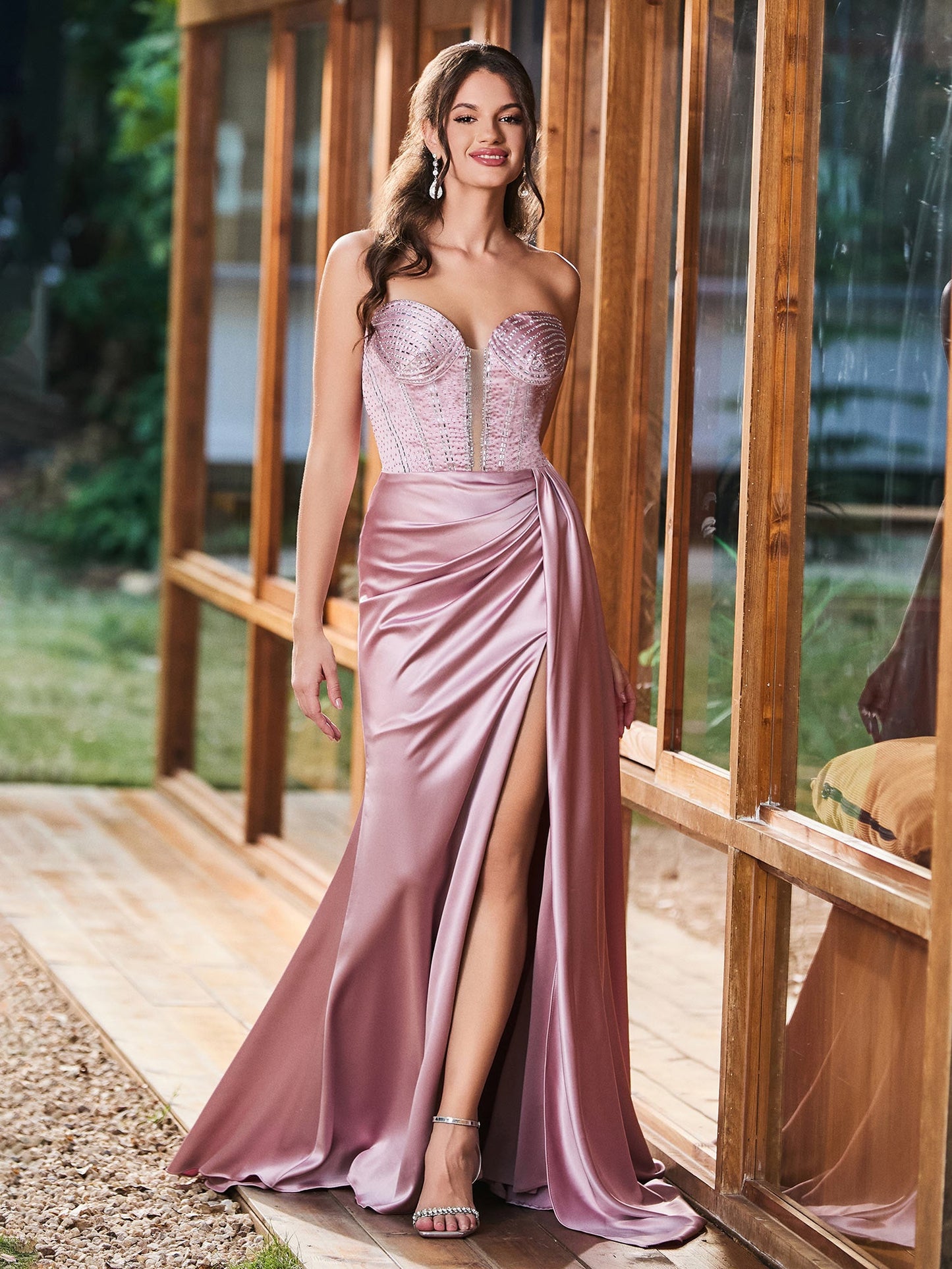 Illusion Strapless Sweetheart Pleated Slim Maxi Gown with Rhinestones Dusty Rose