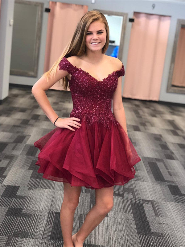 Sparkly Tulle Off-the-shoulder Neckline A-line Homecoming Dresses