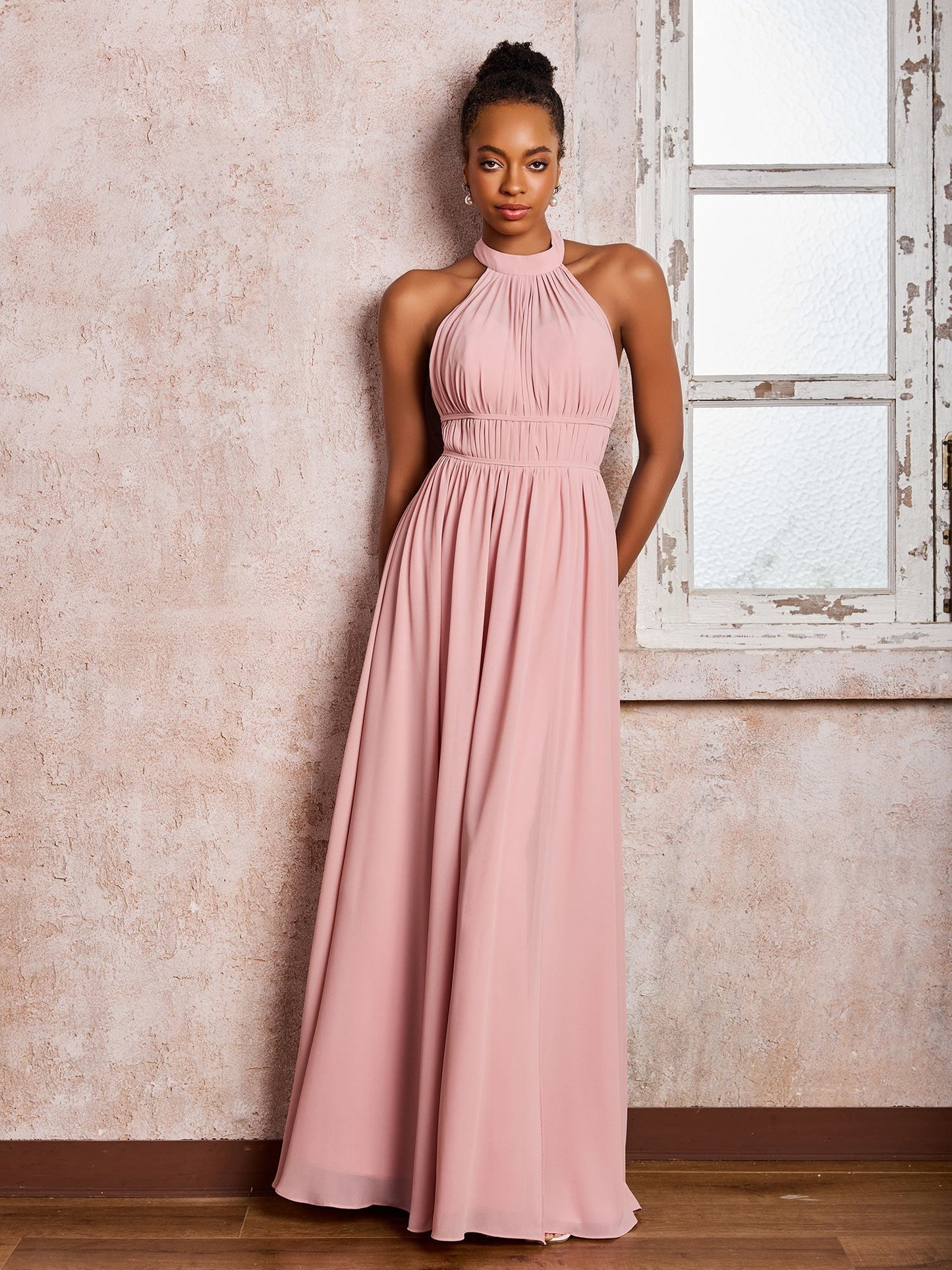 Ruched Halter Chiffon Maxi Dresses with Slit Dusty Rose