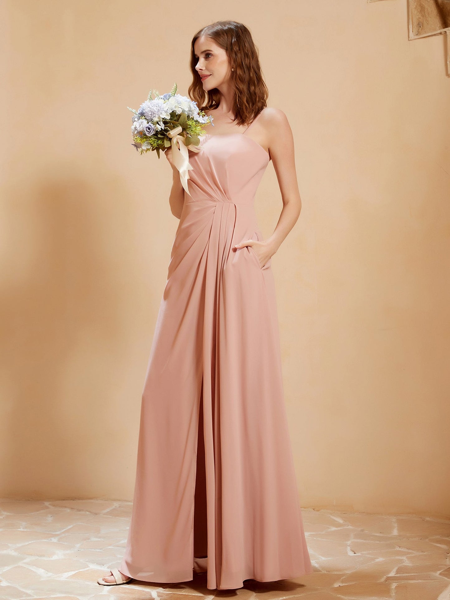 Square Neckline A-line Chiffon Dress With Pocket Dusty Rose