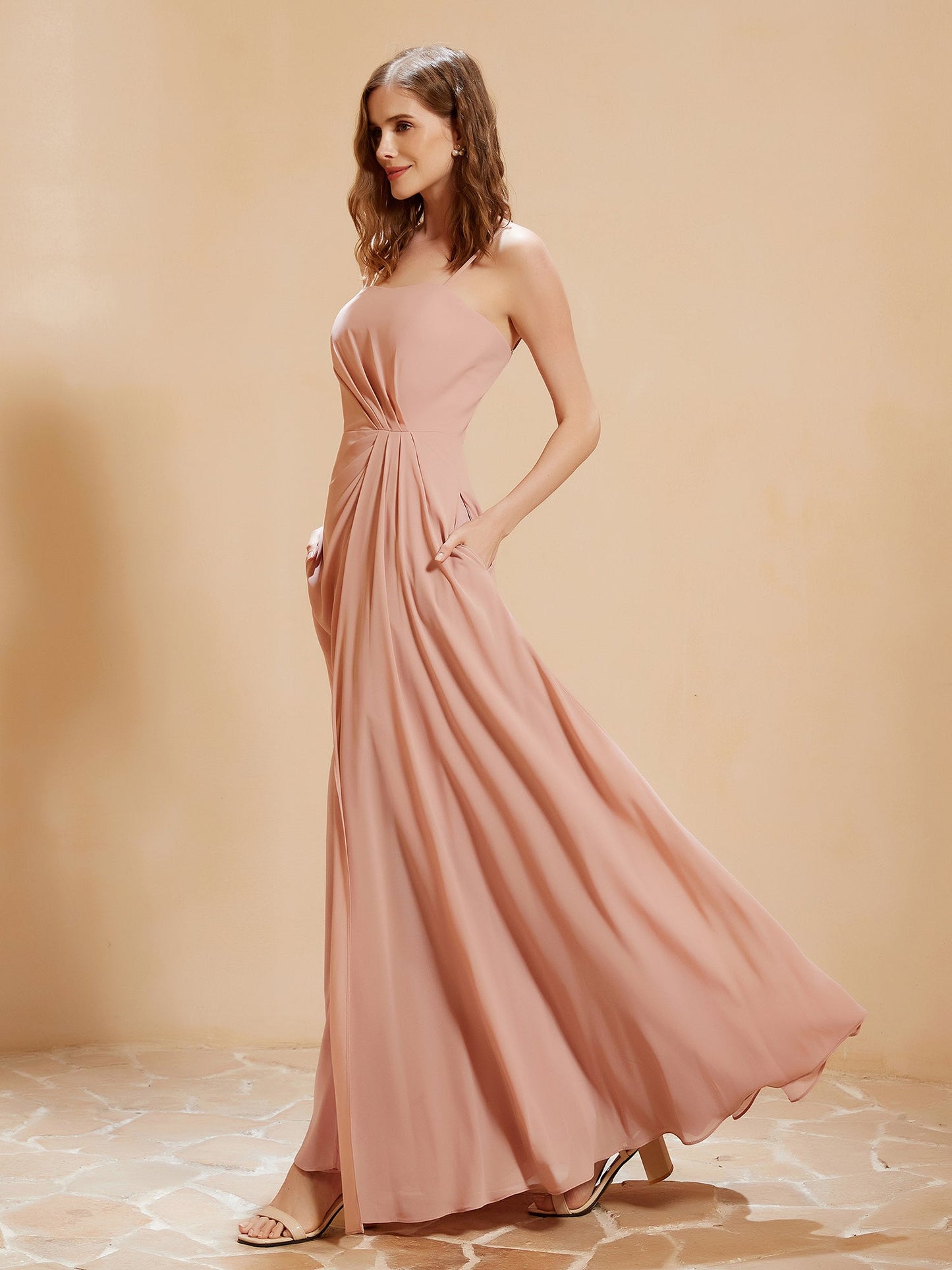 Square Neckline A-line Chiffon Dress With Pocket Dusty Rose