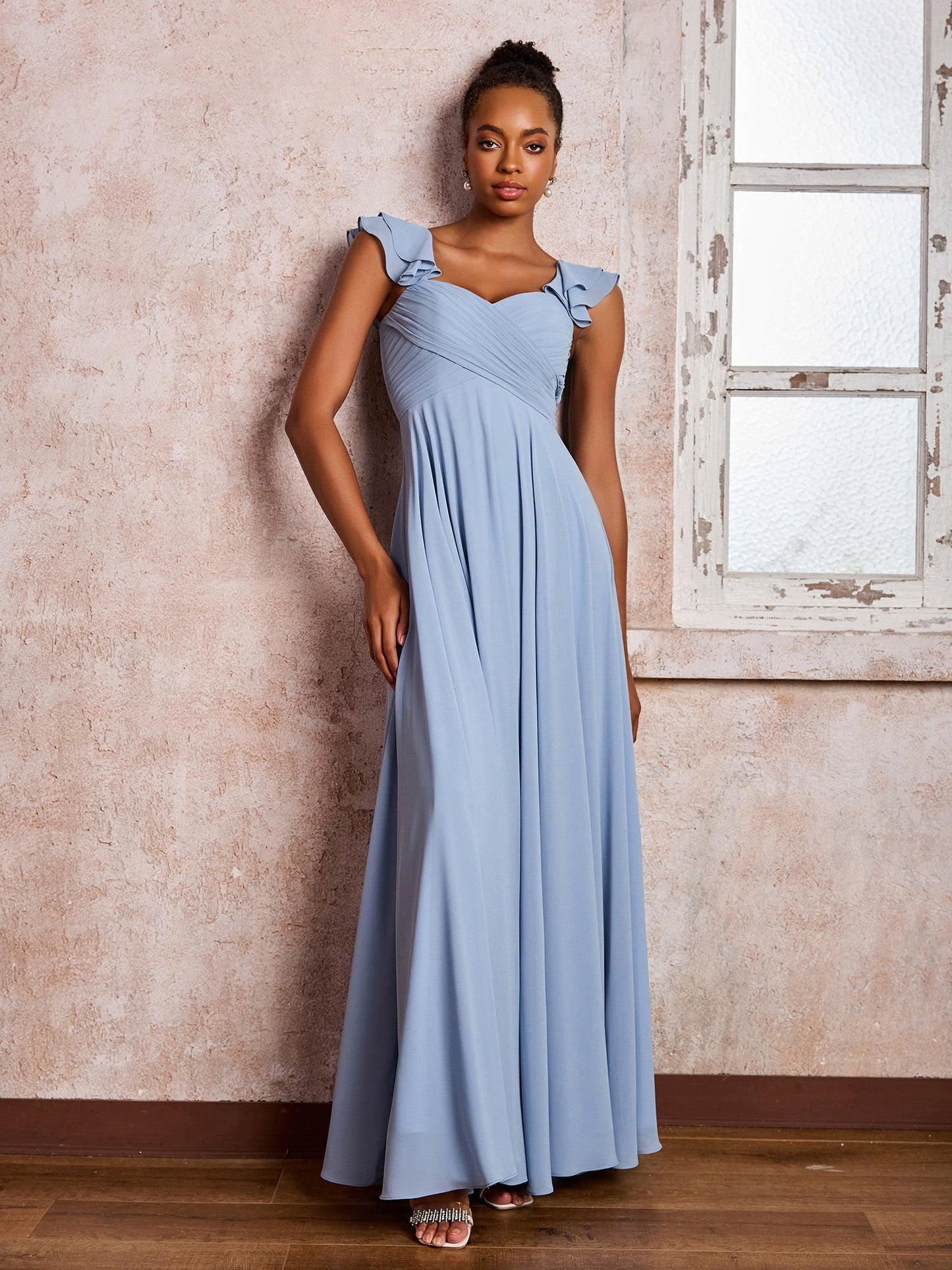 Ruffle Straps Empire Long Chiffon Bridesmaid Dresses Dusty Blue