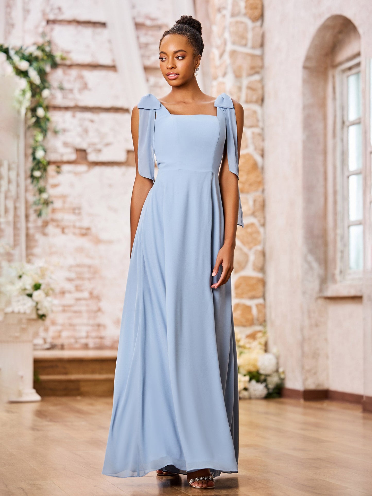 Double Bows Straps Square Neck Chiffon Dresses with Slit Dusty Blue