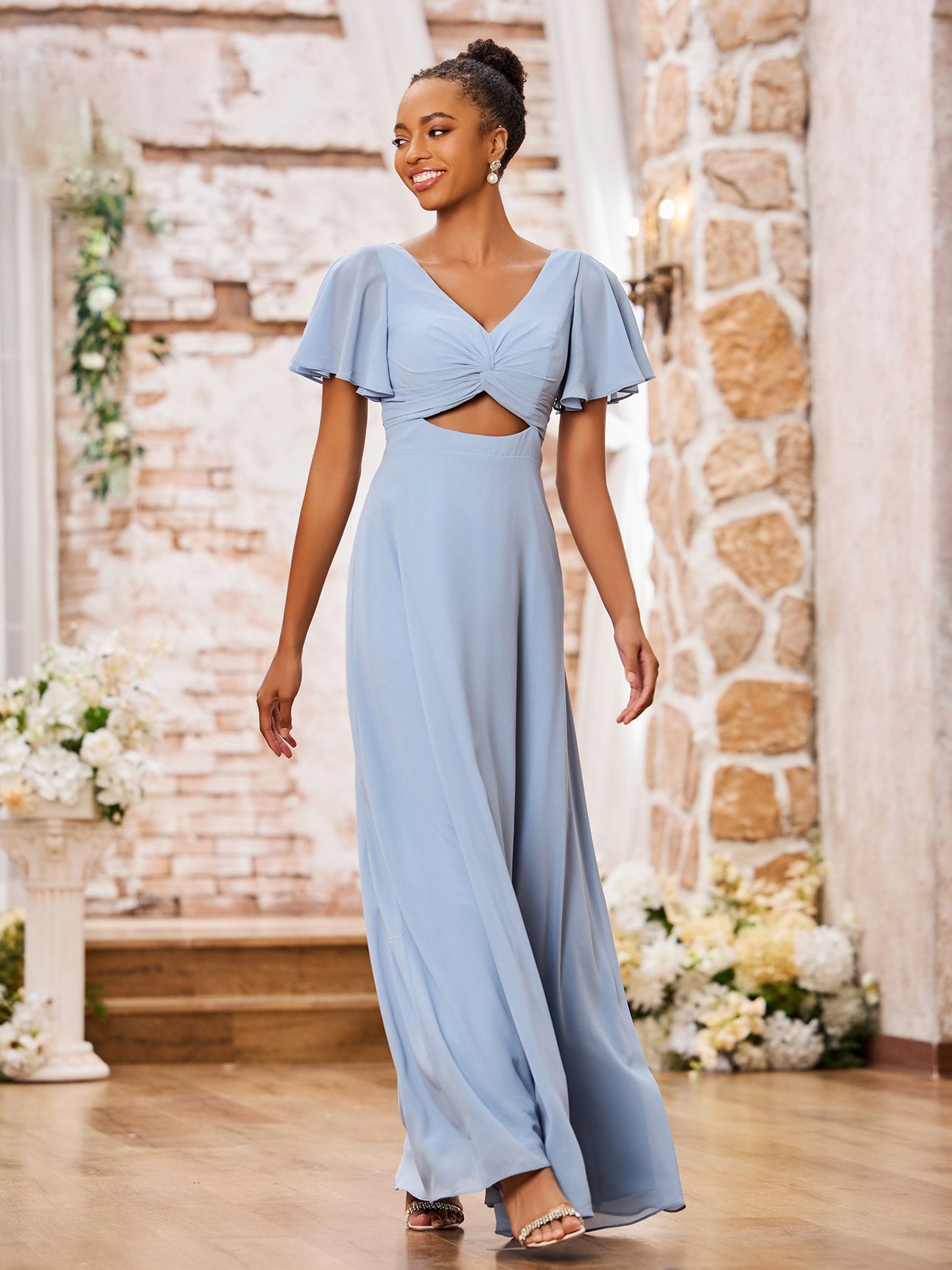A-line V-neck Chiffon Long Dresses with Cap Sleeves Dusty Blue