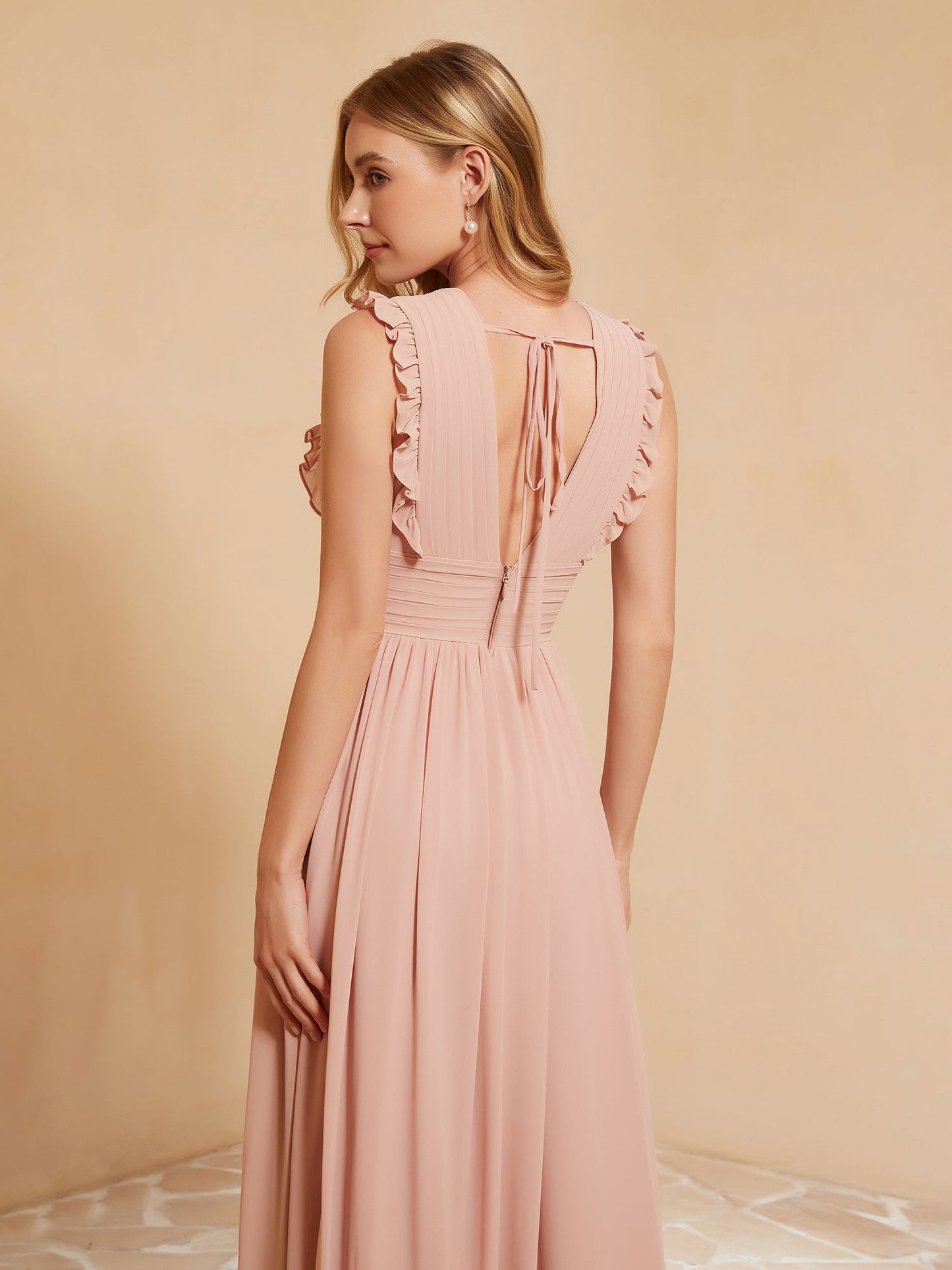 Plunging V-neck Ruffles Pleated Dress With Silt Dusty Rose