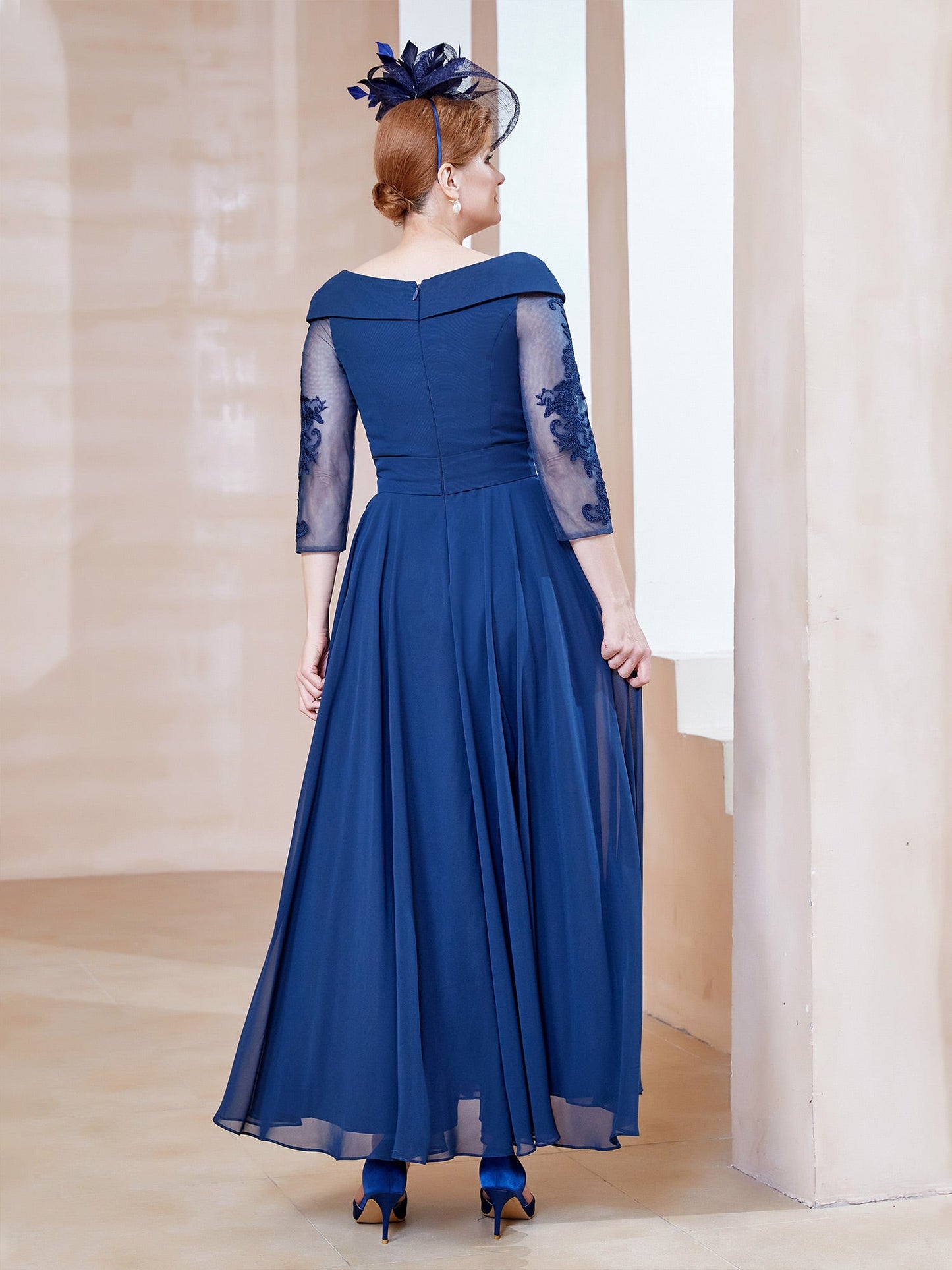 A-line V-neck Appliqued Chiffon Dress Navy Blue