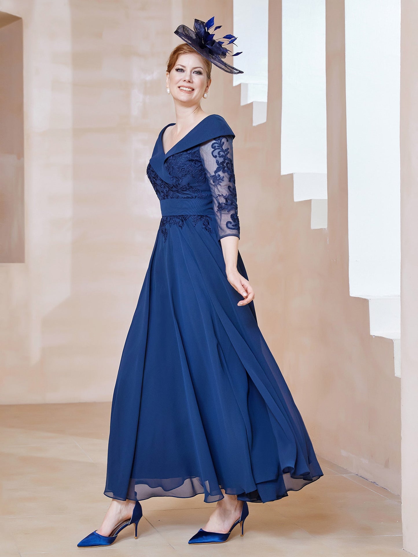 A-line V-neck Appliqued Chiffon Dress Navy Blue