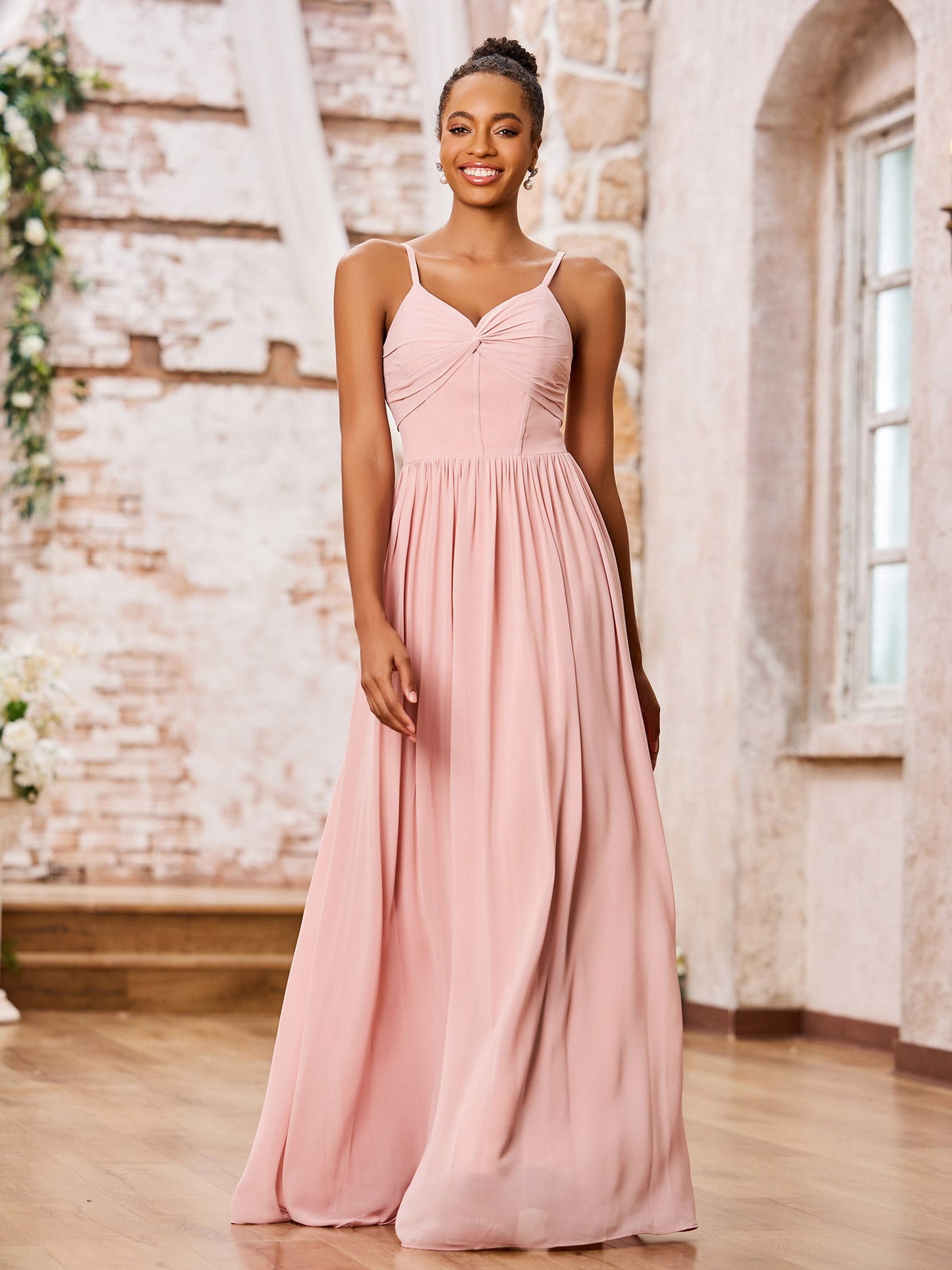 Sweetheart Neck Spaghetti Straps Chiffon Dresses with Pocket Dusty Rose